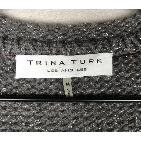 TRINA TURK Metallic Mohair Blend Cardigan Sweater Sz M Gray‎ Wide Cuff Pockets - Picture 3 of 13
